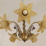 Vintage 5-light chandelier in metal with a bronze effect and flower-shaped lampshades, France.
