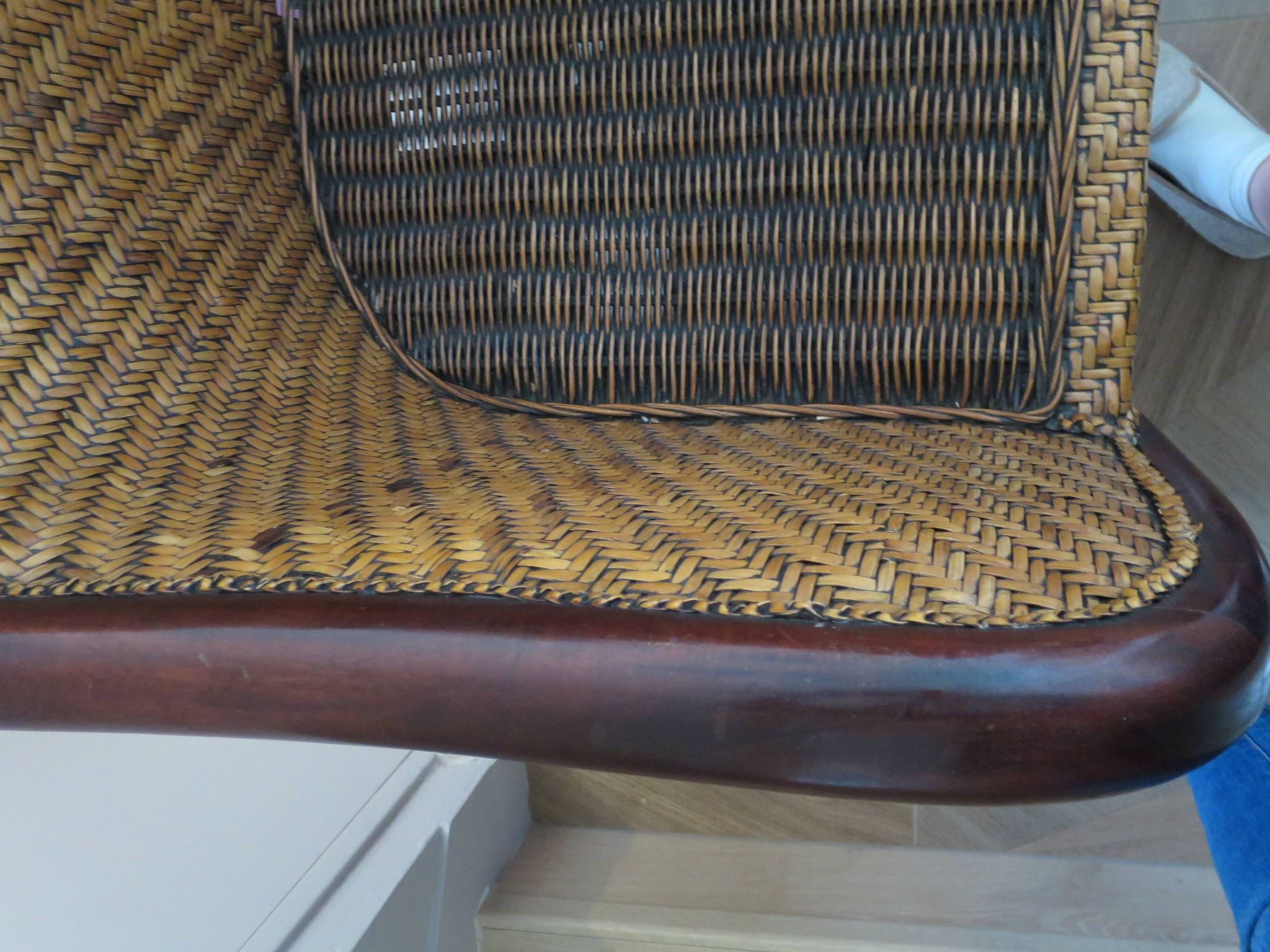 Set of 2 armchairs in woven rattan and exotic wood, 1980s