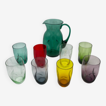 Set de 8 verres et pichet en cristal coloré de Meisenthal 1960
