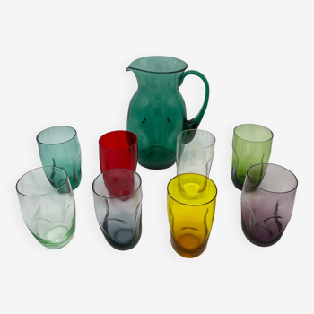 Set of 8 glasses and pitcher in colored crystal from Meisenthal 1960