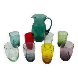 Set of 8 glasses and pitcher in colored crystal from Meisenthal 1960