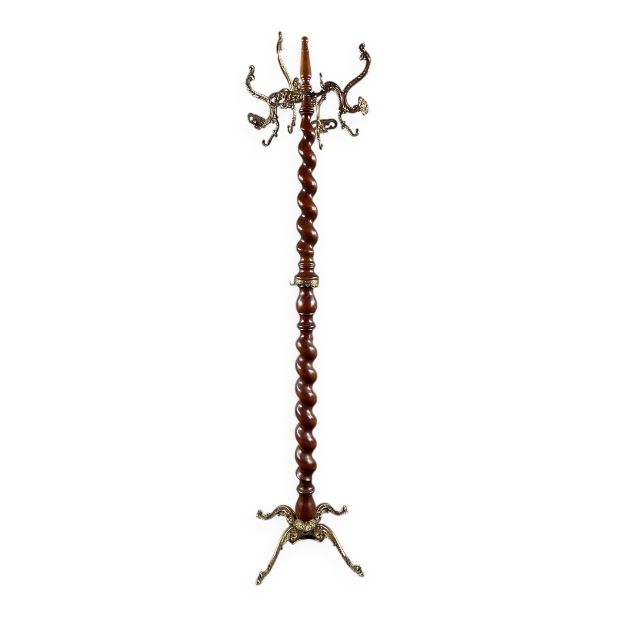 Twisted wooden coat rack with gilded bronze, 20th century