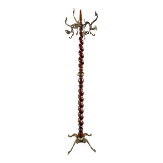 Twisted wooden coat rack with gilded bronze, 20th century