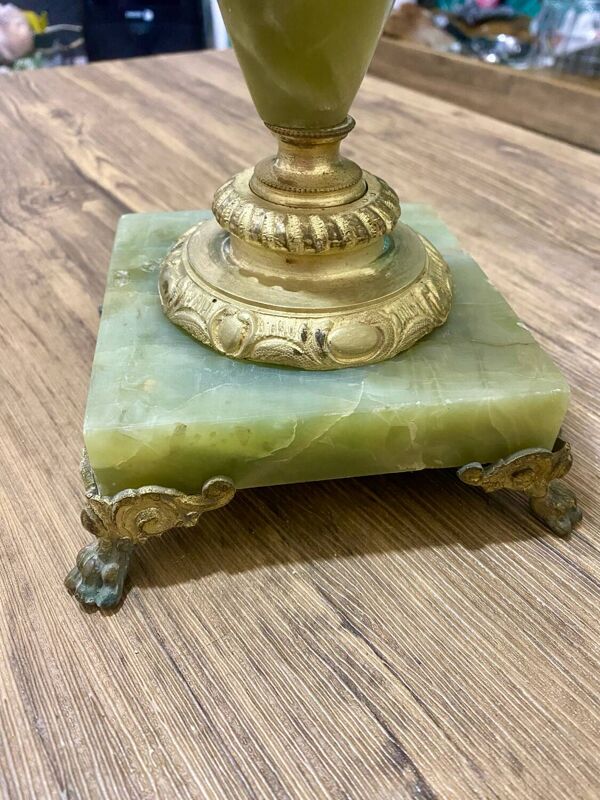 Pied de lampe ancien en onyx vert et laiton doré – fin XIXe / début XX