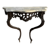 Victorian half-moon console table in brown metal with white veined marble top