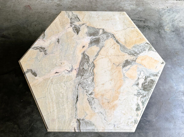 Table basse hexagonale vintage en marbre rose et gris, années 1980