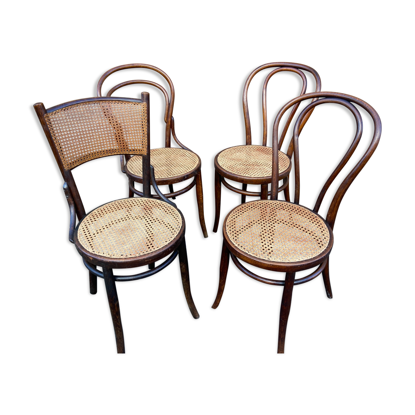 Set of 4 mismatched bistro chairs vintage curved wood