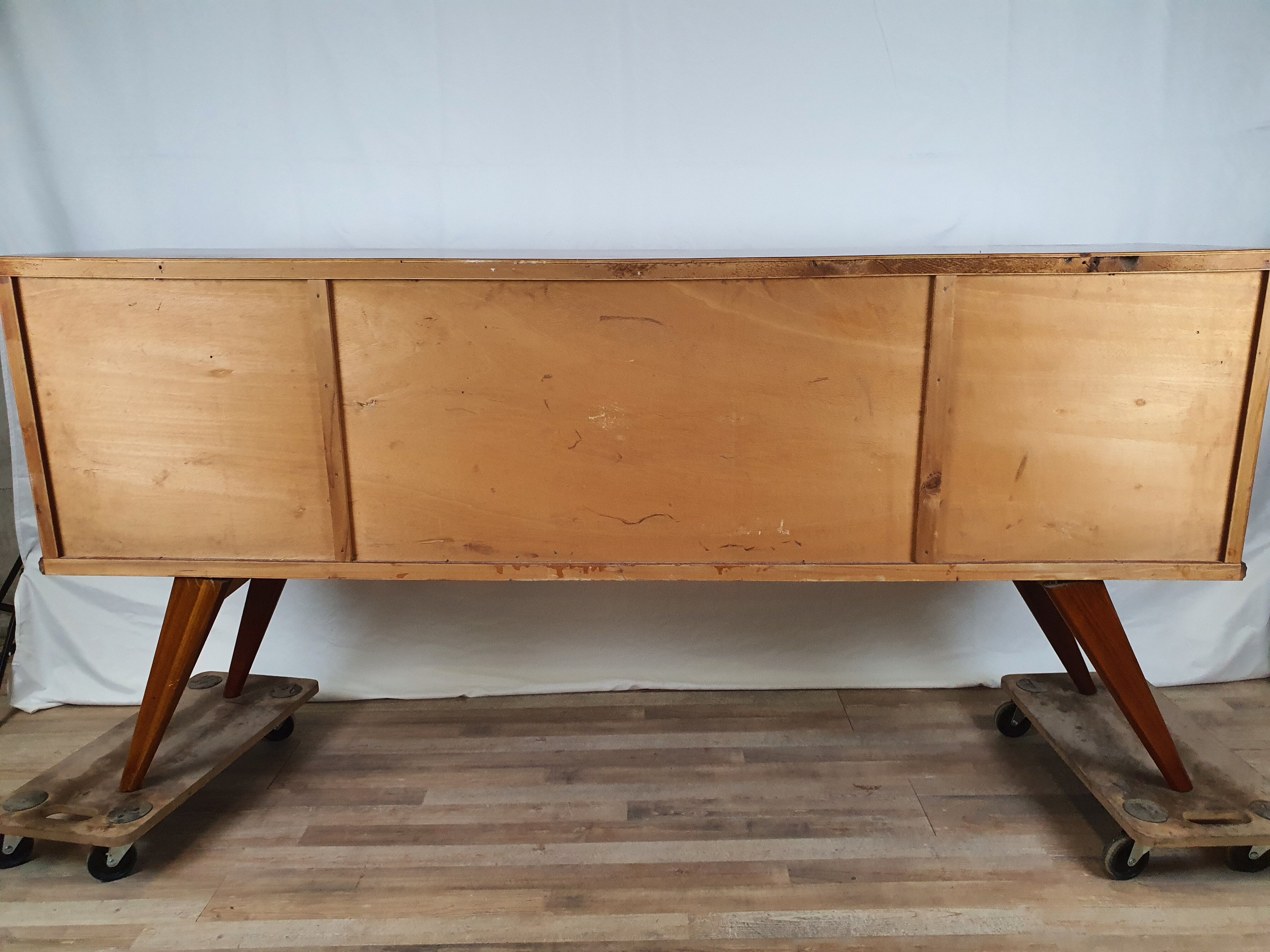 1960s sideboard with decorated doors in wood and brass