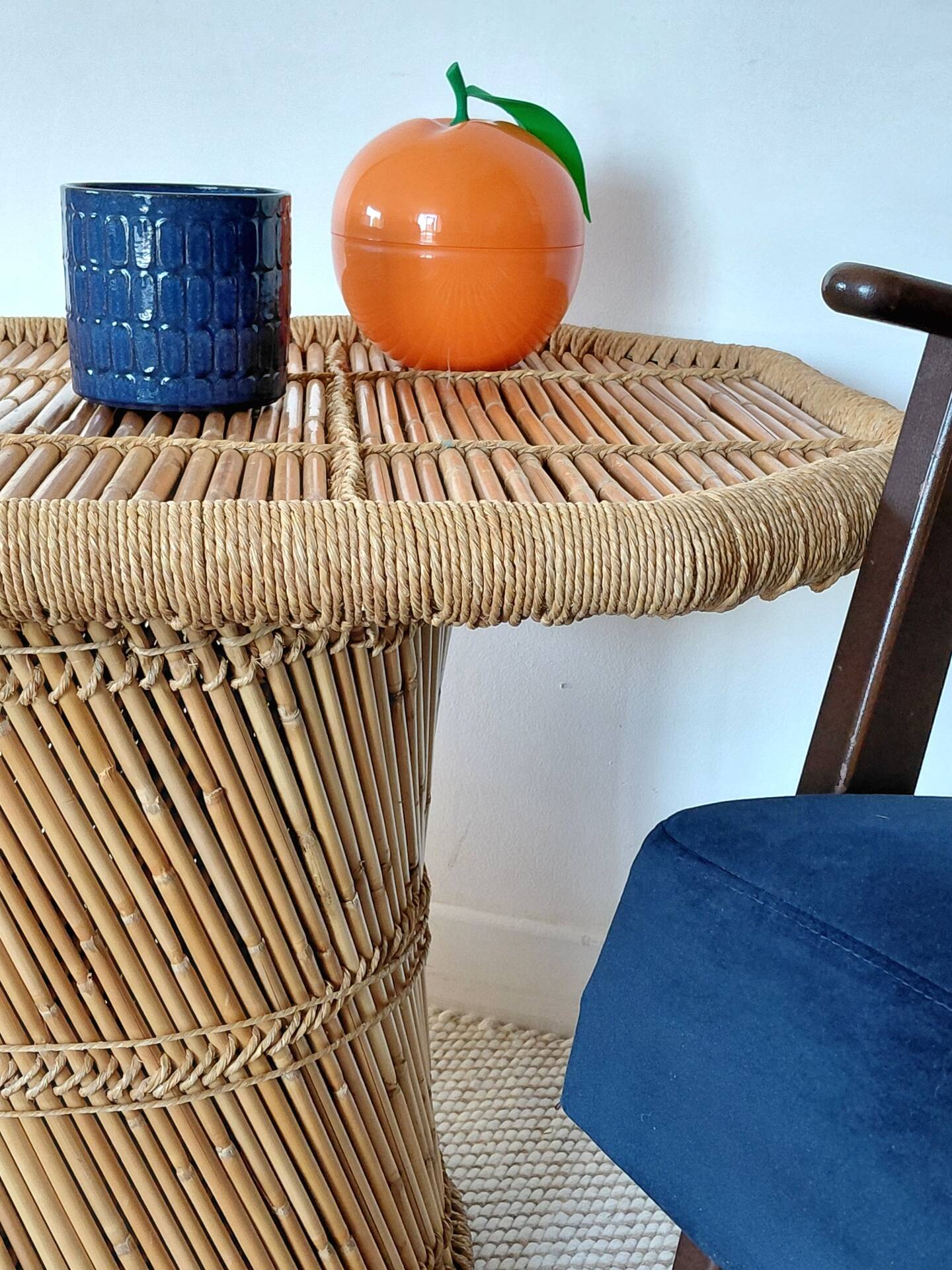Vintage coffee table with braided cord in Audoux Minet bamboo style/1970s