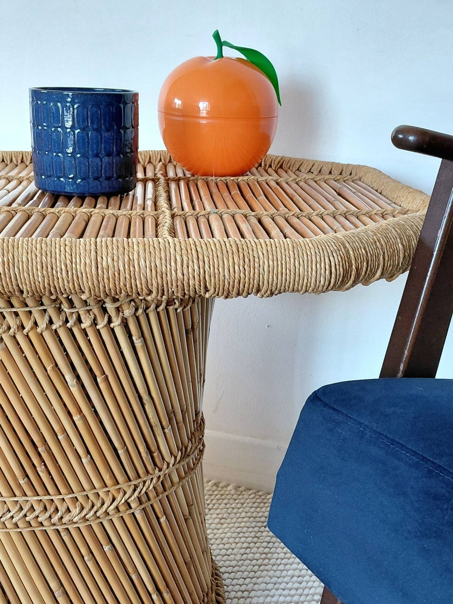 Vintage coffee table with woven rope in bamboo style Audoux Minet/1970s