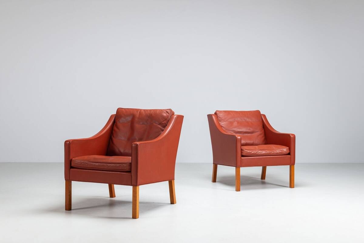 Borge Mogensen cognac leather lounge chairs Fredericia Stolefabrik Denmark 1963