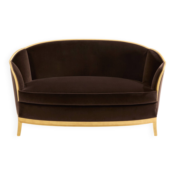 Banquette en bois doré et velours marron par Maurice Dufrène, 1925