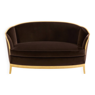 Maurice Dufrène gilded wood bench with brown velvet 1925