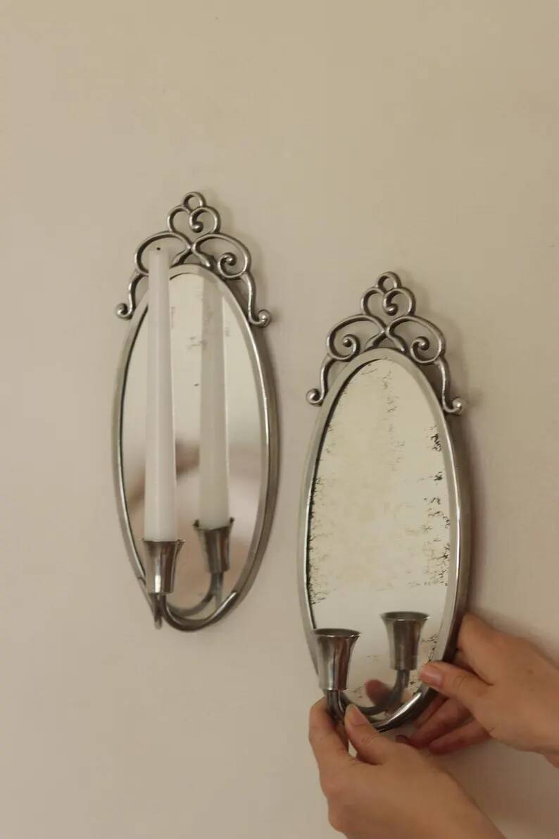 Pair of Swedish Tin Wall Sconces, Mid-Century Style with Mirror by Svenskt - Tenn