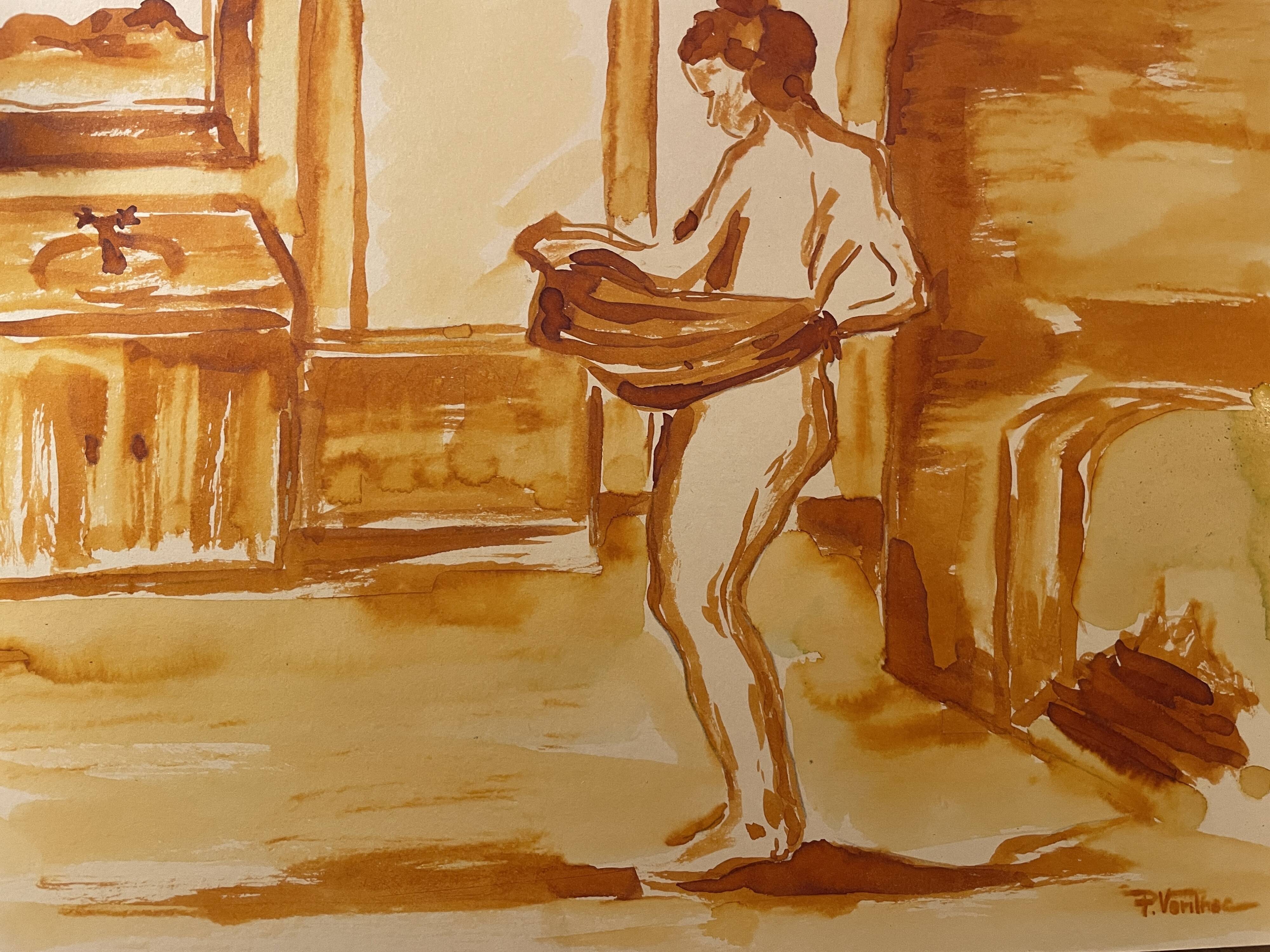 Red chalk watercolor portrait of a woman "study of coming out of the bath"