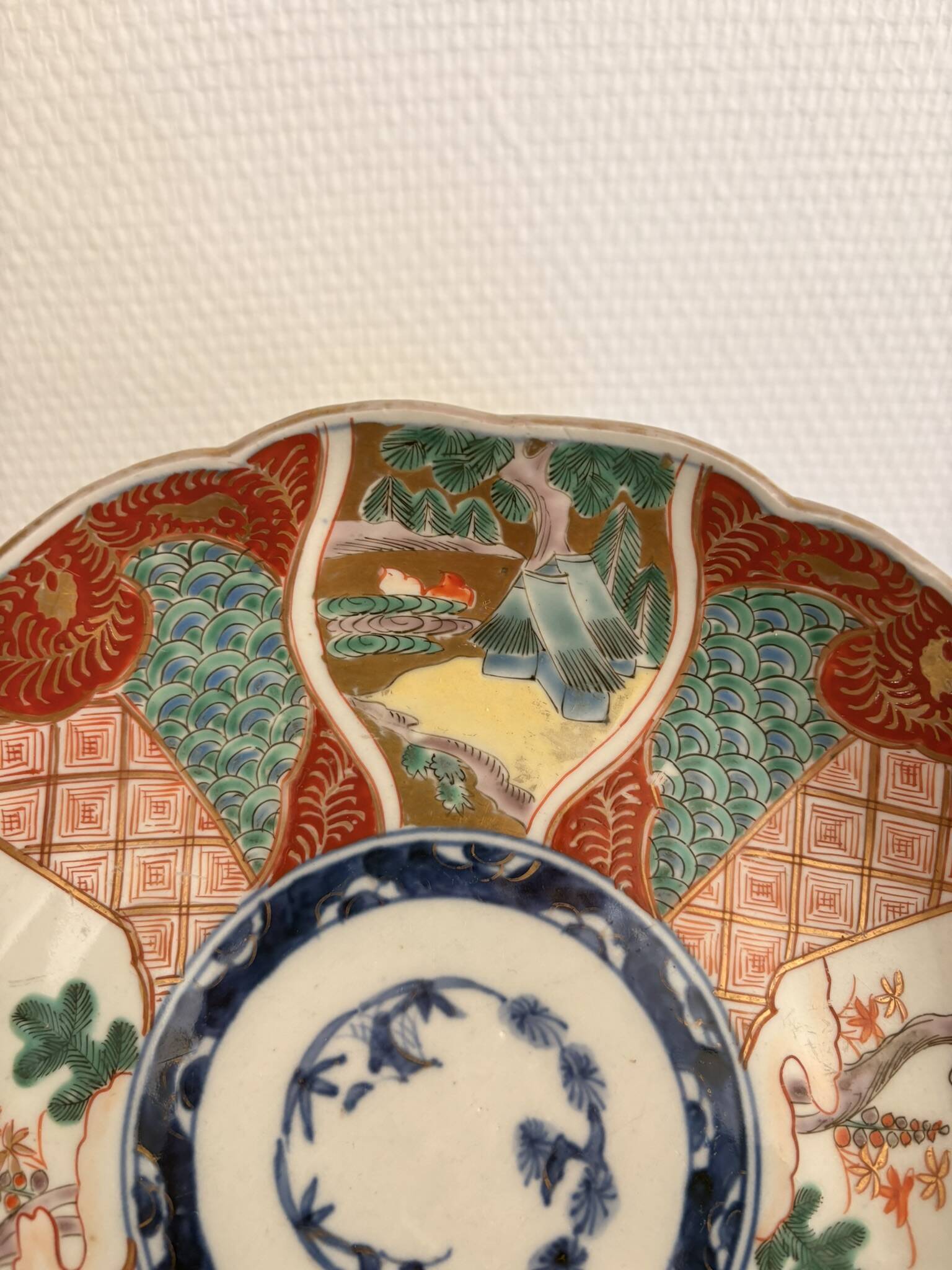 Ancien Assiette Japonaise Arita Style Imari Paysage Pin Floraux Pivoine Eca