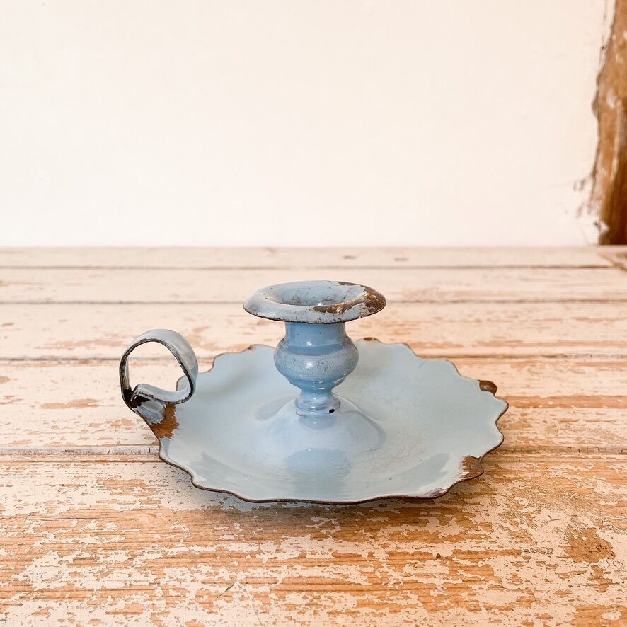 Blue enameled sheet metal candle holder