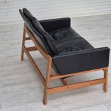 1960s, Danish 2-seater sofa in original condition, furniture leather, solid oak wood.