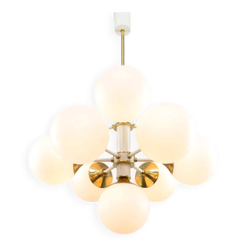 Vintage Italian Brass and Opaline 10 Arm Sputnik Chandelier, 1970s