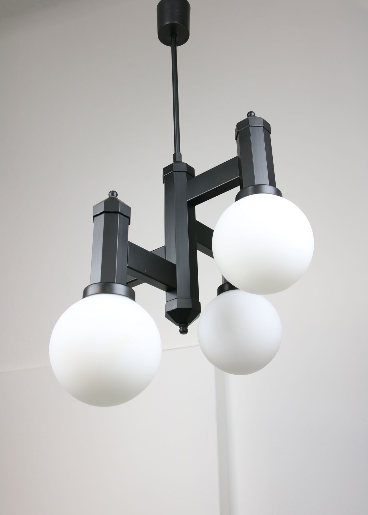 Vintage Geometric Black and Opaline Glass Ceiling Lamp