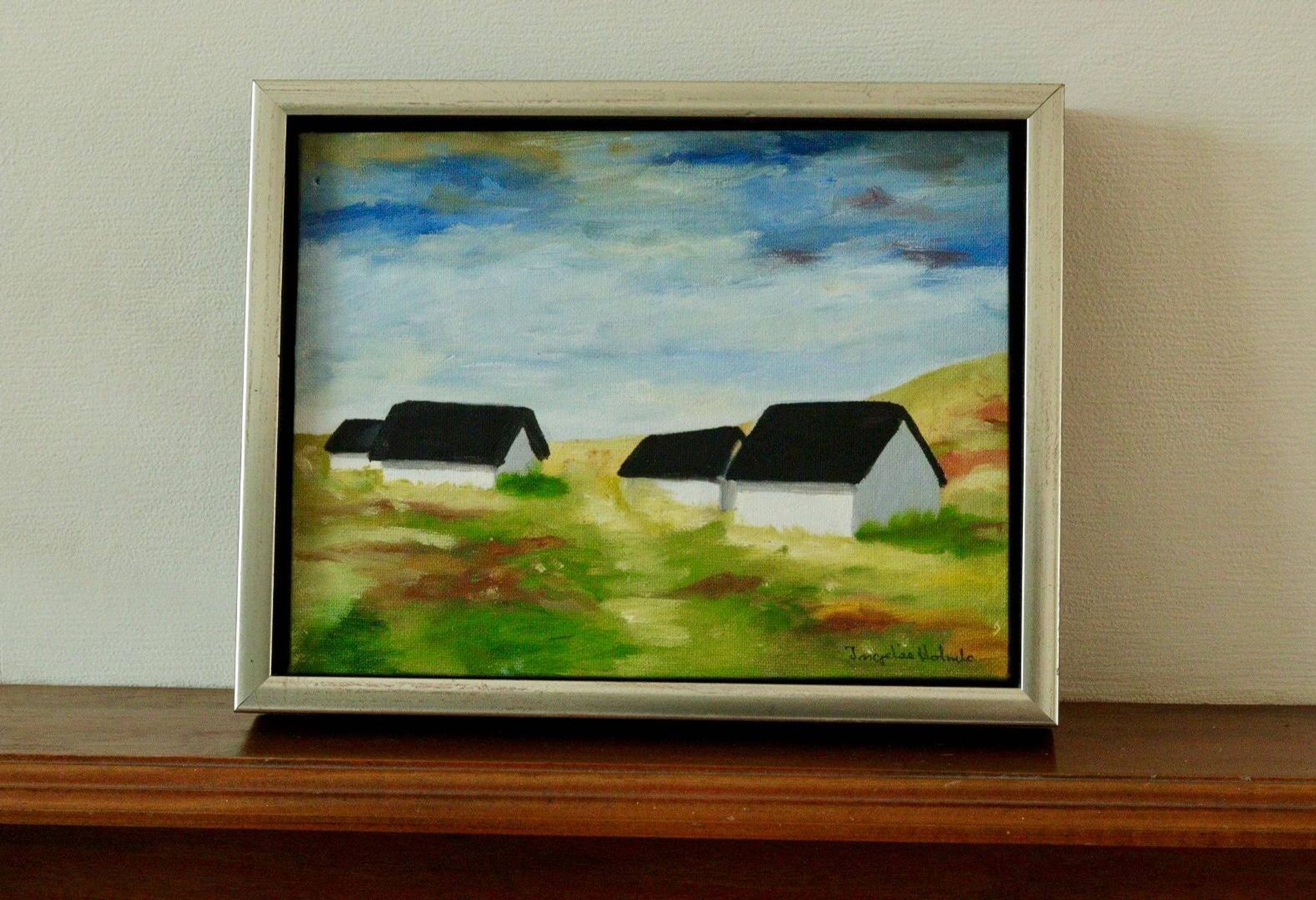 Original Swedish oil on canvas from the mid-century "Houses" - Vintage and framed
