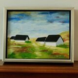 Original Swedish oil on canvas from the mid-century "Houses" - Vintage and framed