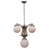 1930s Czechoslovak Art Deco nickel chandelier with rose opaline glass globes