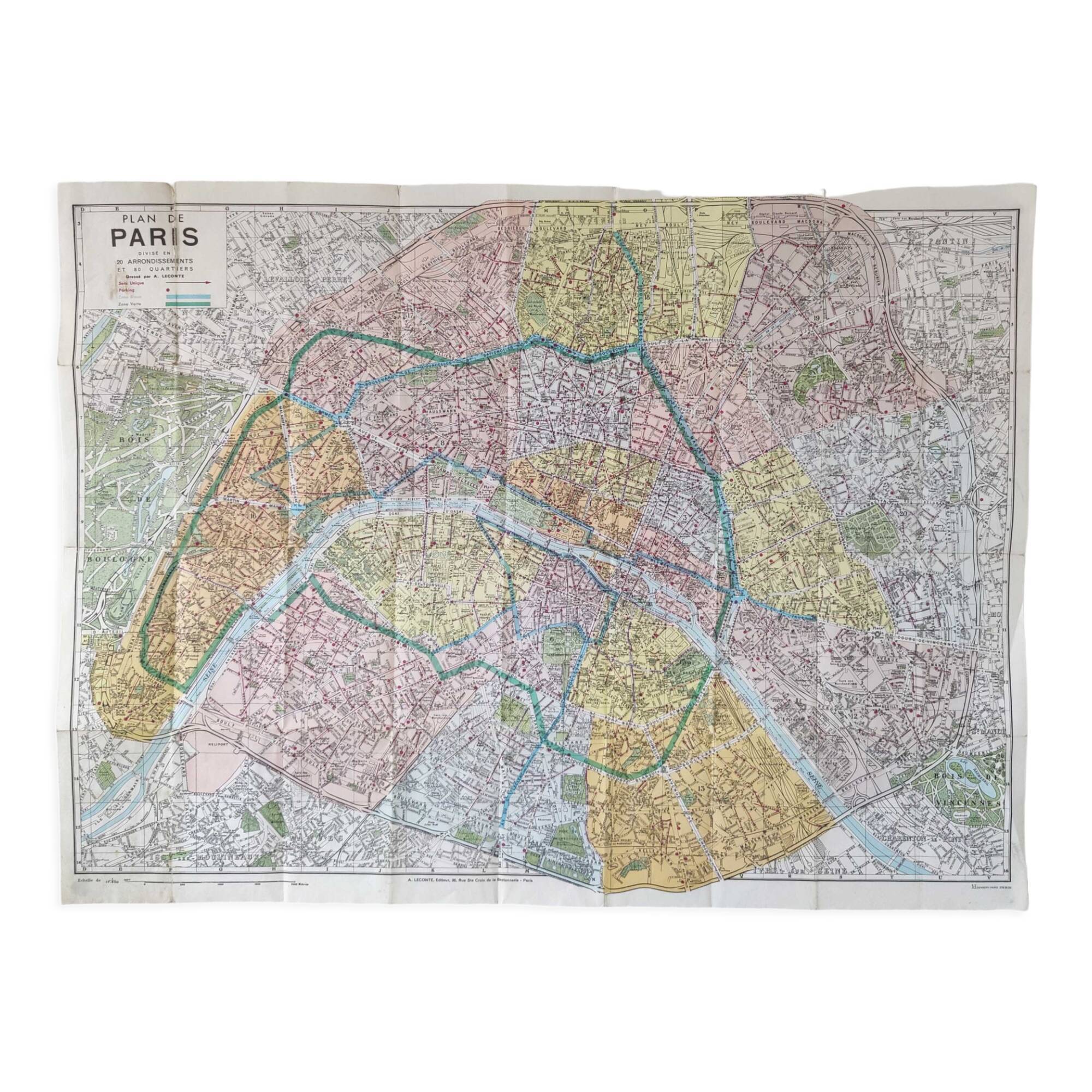 Vintage map 1970 Paris and its quarters 74x55cm