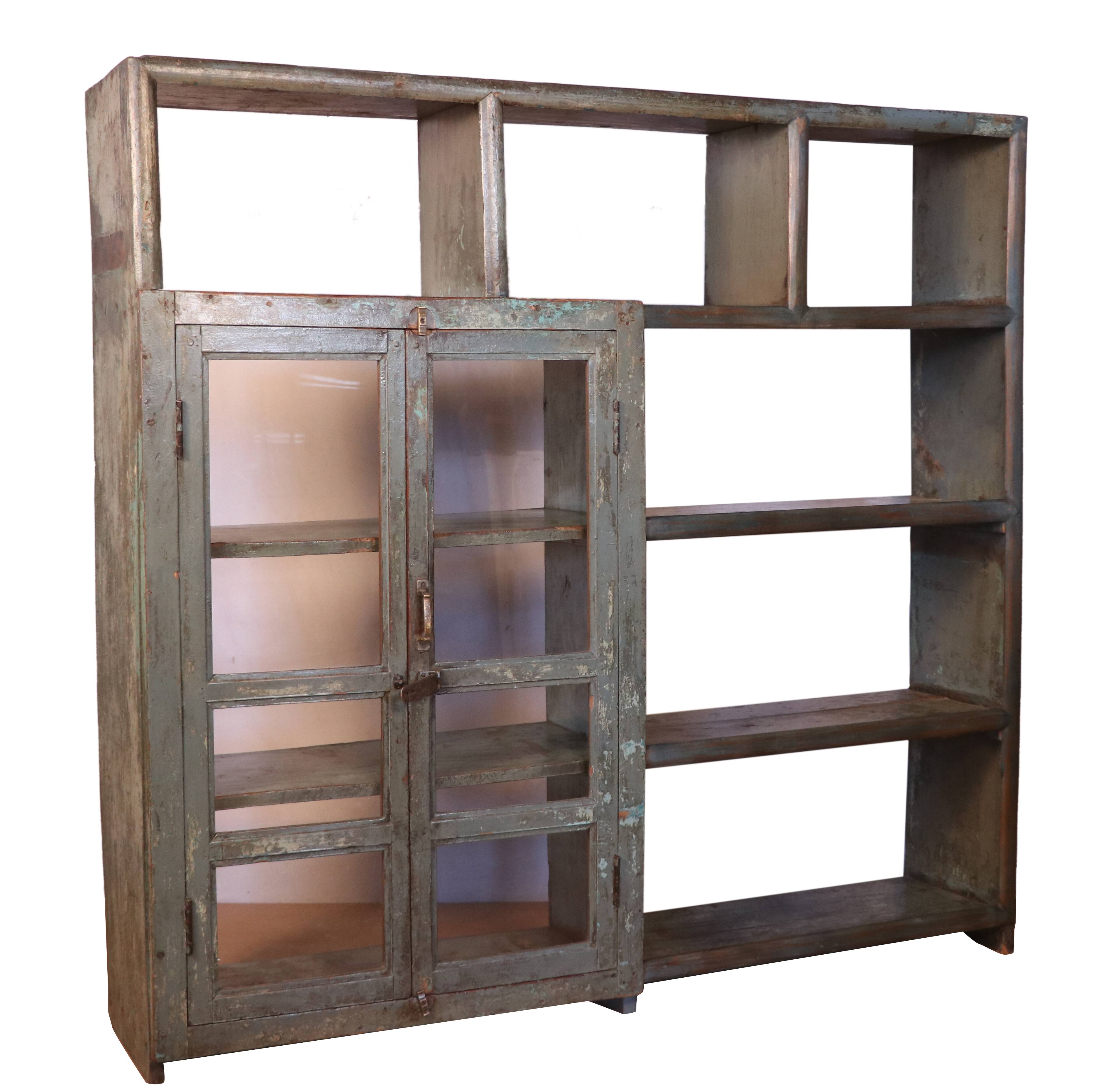 Old shelf, shopkeeper's bookcase in original Burmese teak with blue-gray patina