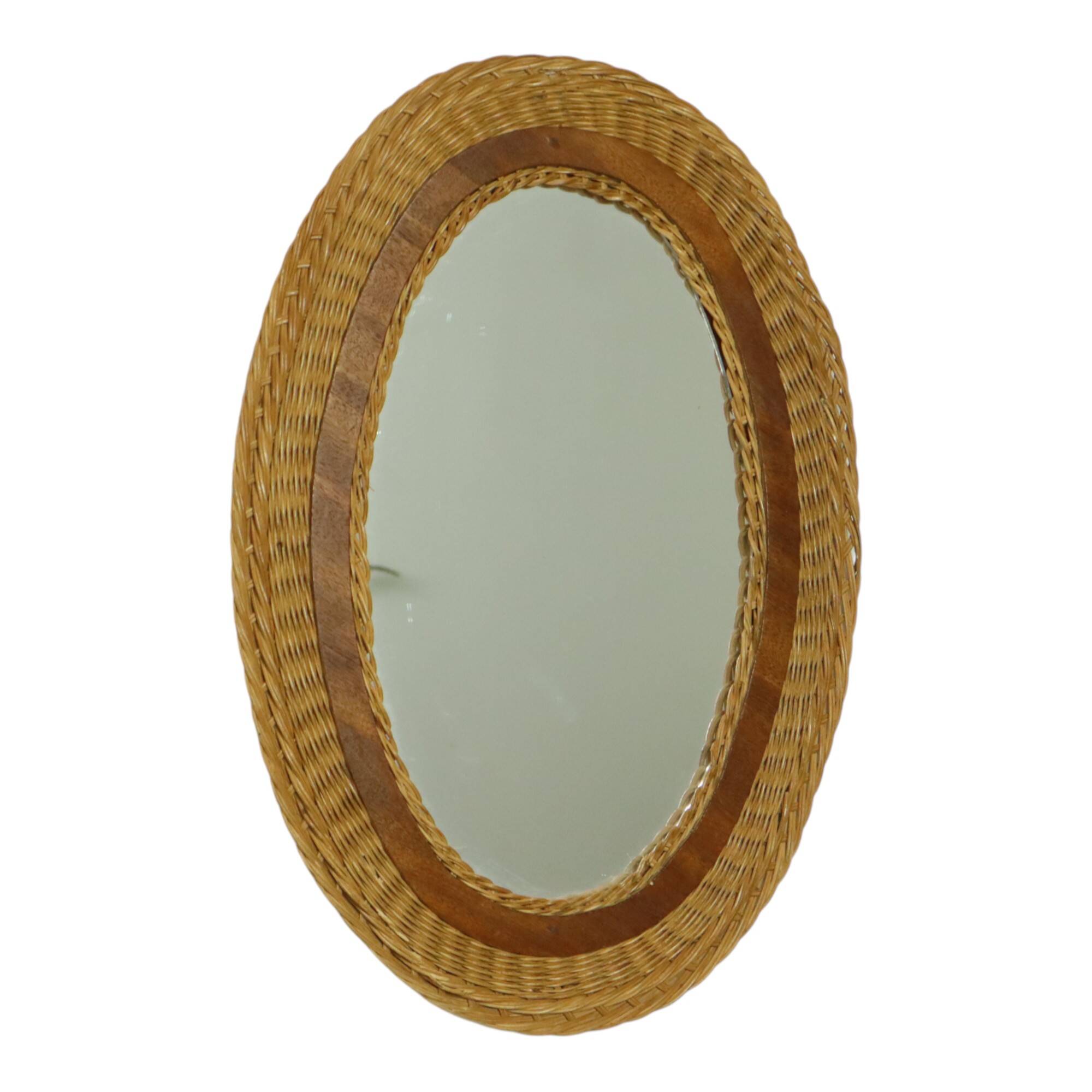 Oval Vintage Mirror Rattan and Teak Boho Style Fifties 51cm