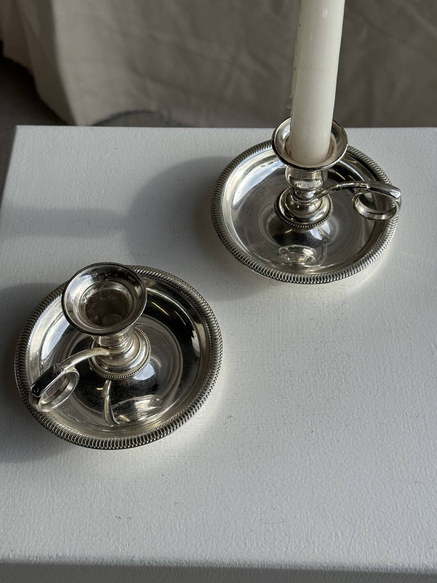 Pair of small antique silver-plated candlesticks D12 H8