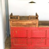 Former red patina and oak tray trading counter
