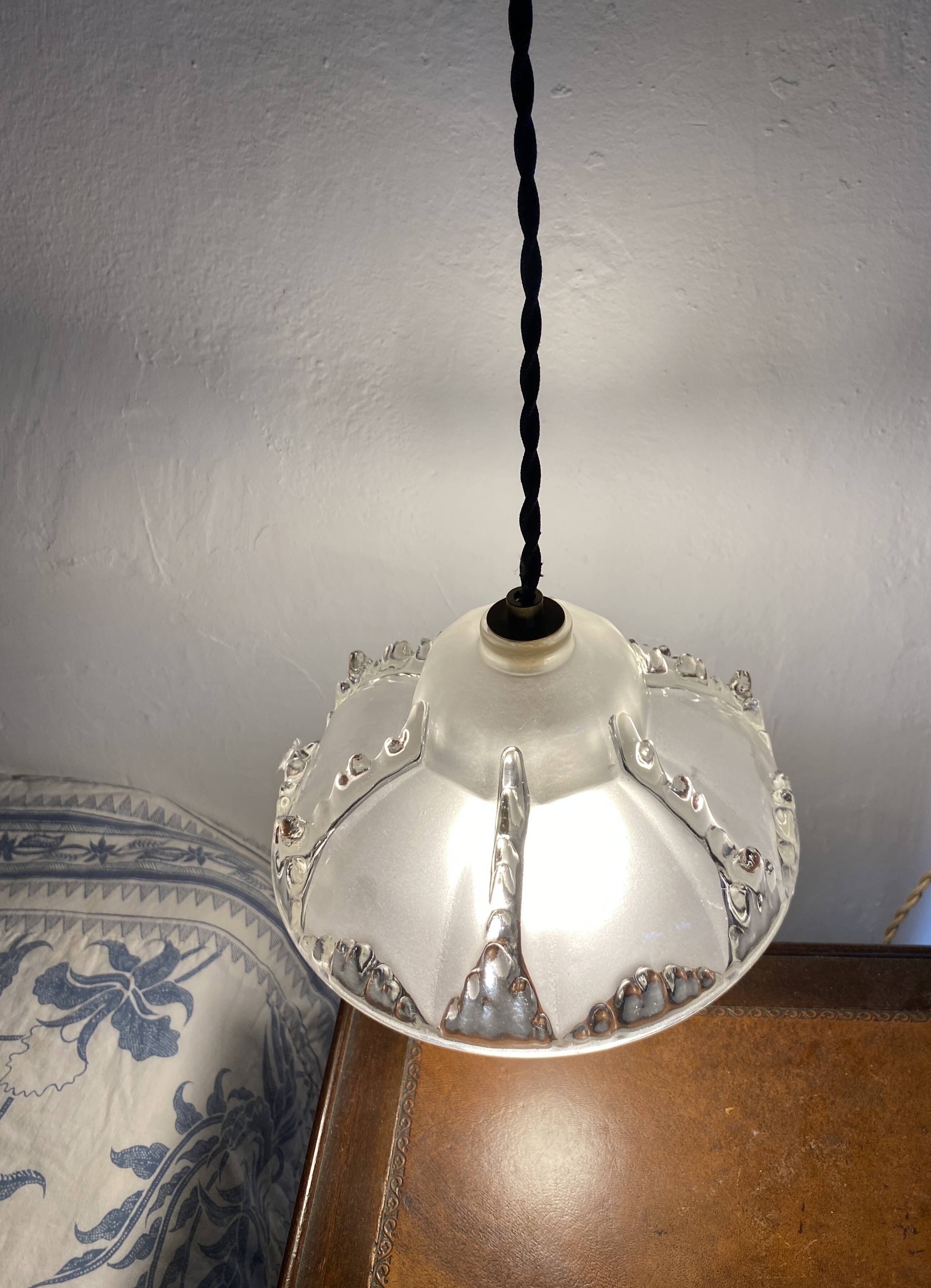 Glass pendant light, braided fabric cable and porcelain ceiling rose