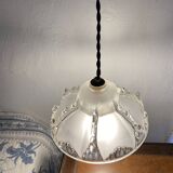 Glass pendant light, braided fabric cable and porcelain ceiling rose