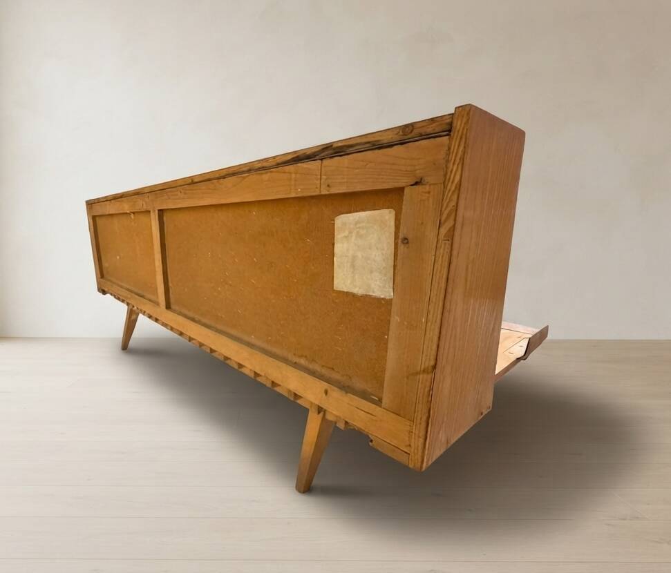 Mid-century wooden folding sofa bed frame, extendable daybed, Czechoslovakia, 190 × 151 × 77 cm