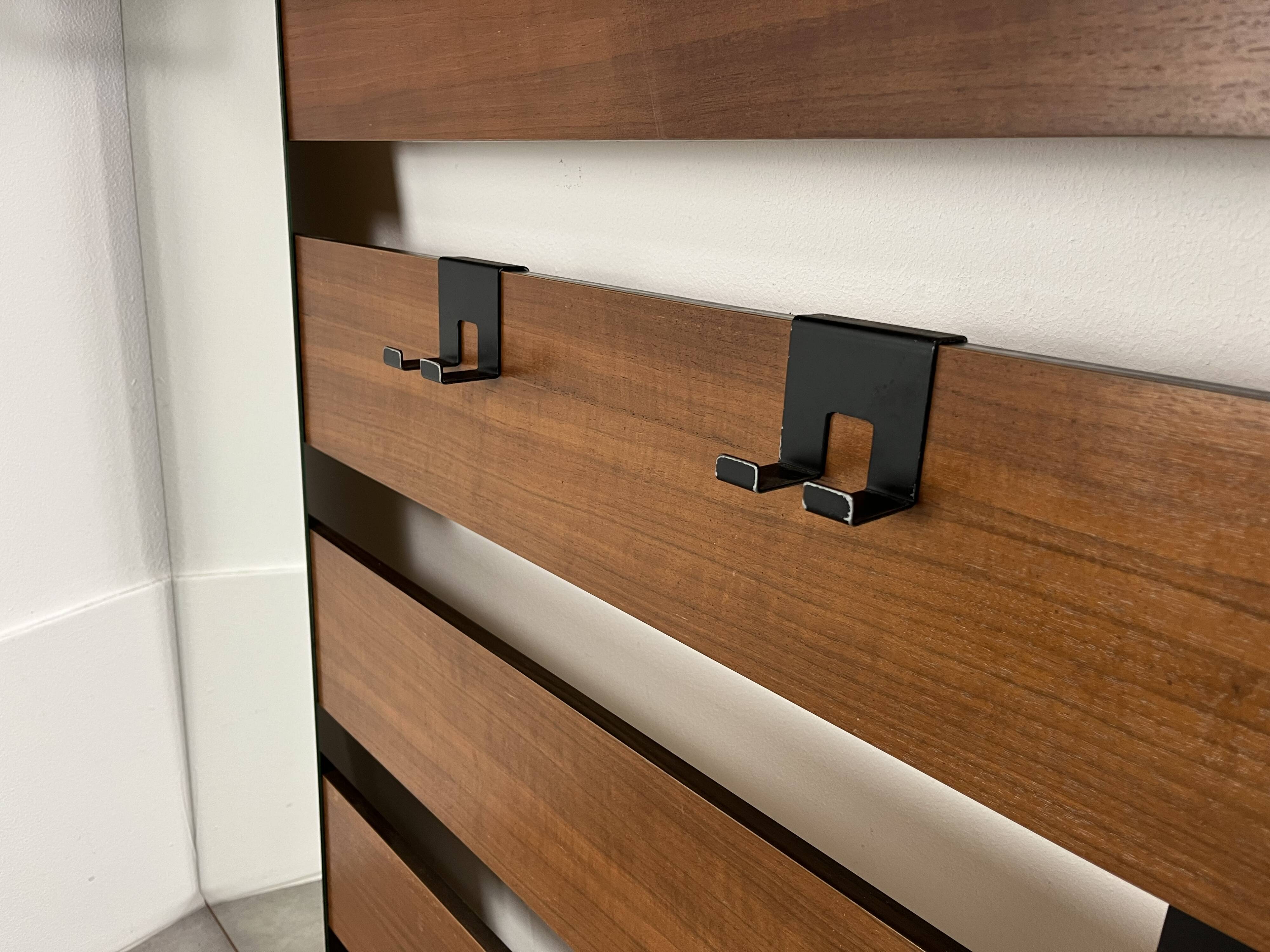 Teak wall coat rack and mirror, 60s, cloakroom