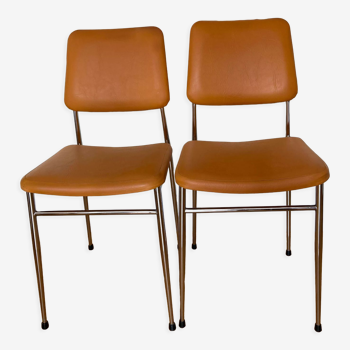 Pair of chrome and orange skai chairs