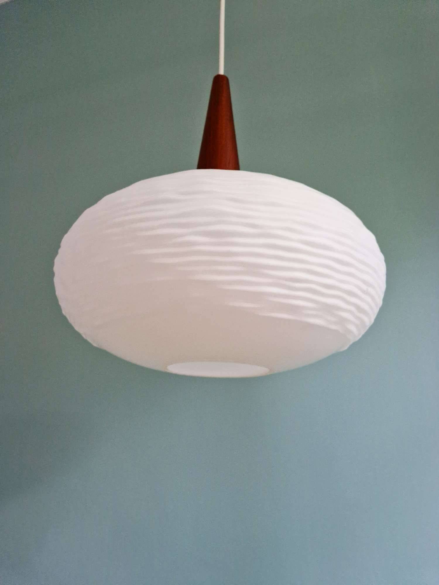 White opaline and teak pendant light, Scandinavian style, 1960s