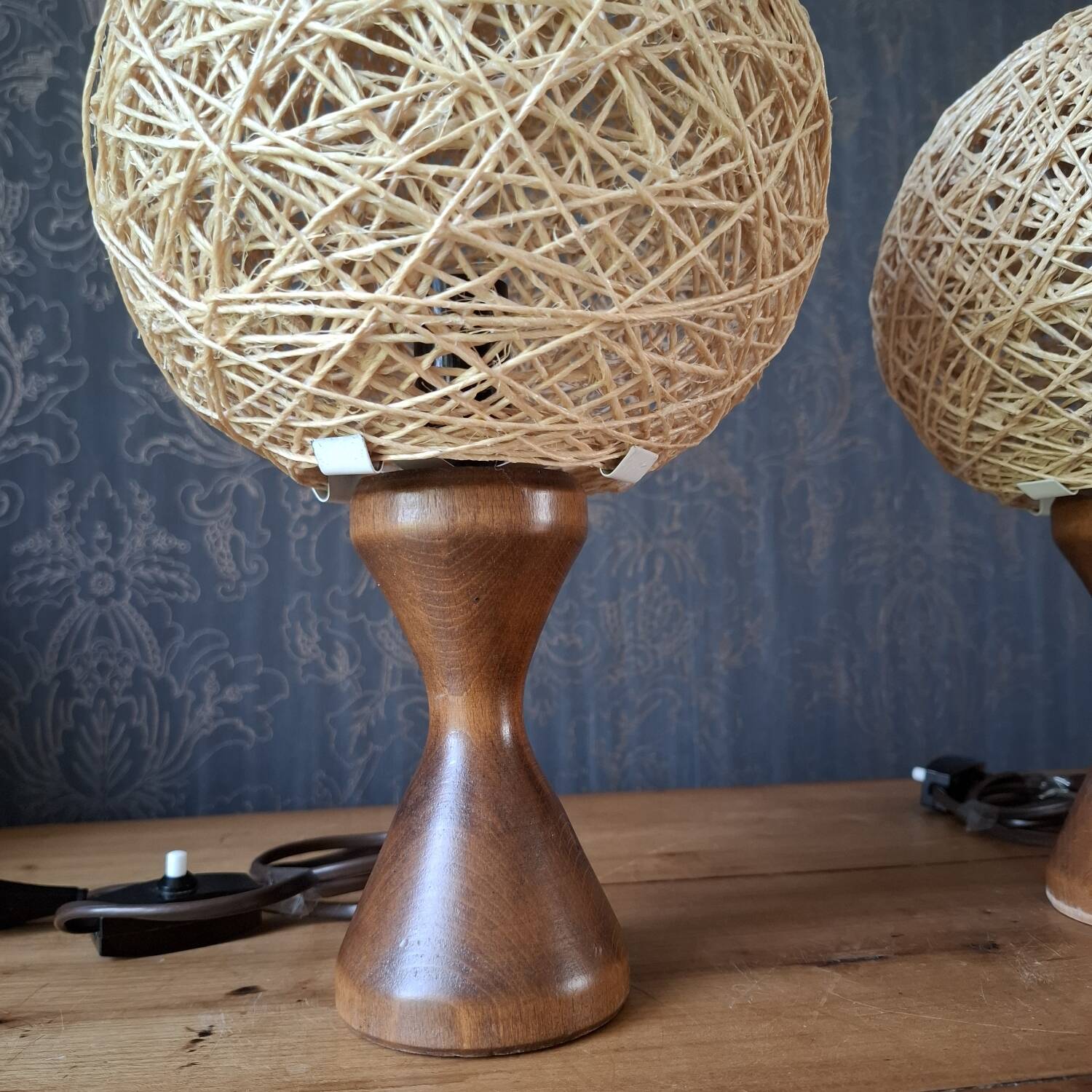Pair of 70s/80s wood and wicker lamps