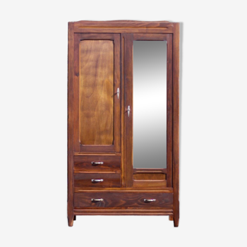 Art deco wooden cabinet with mirror, wooden storage unit, vintage Parisian cabinet