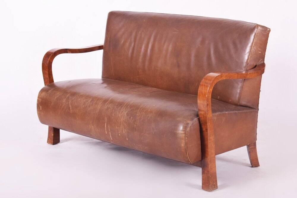 Vintage Art Deco Lounge Set in Walnut and Leather, 1930s, Set of 3