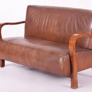 Canapé et 2 fauteuils Art Déco vintage en noyer et cuir, années 1930