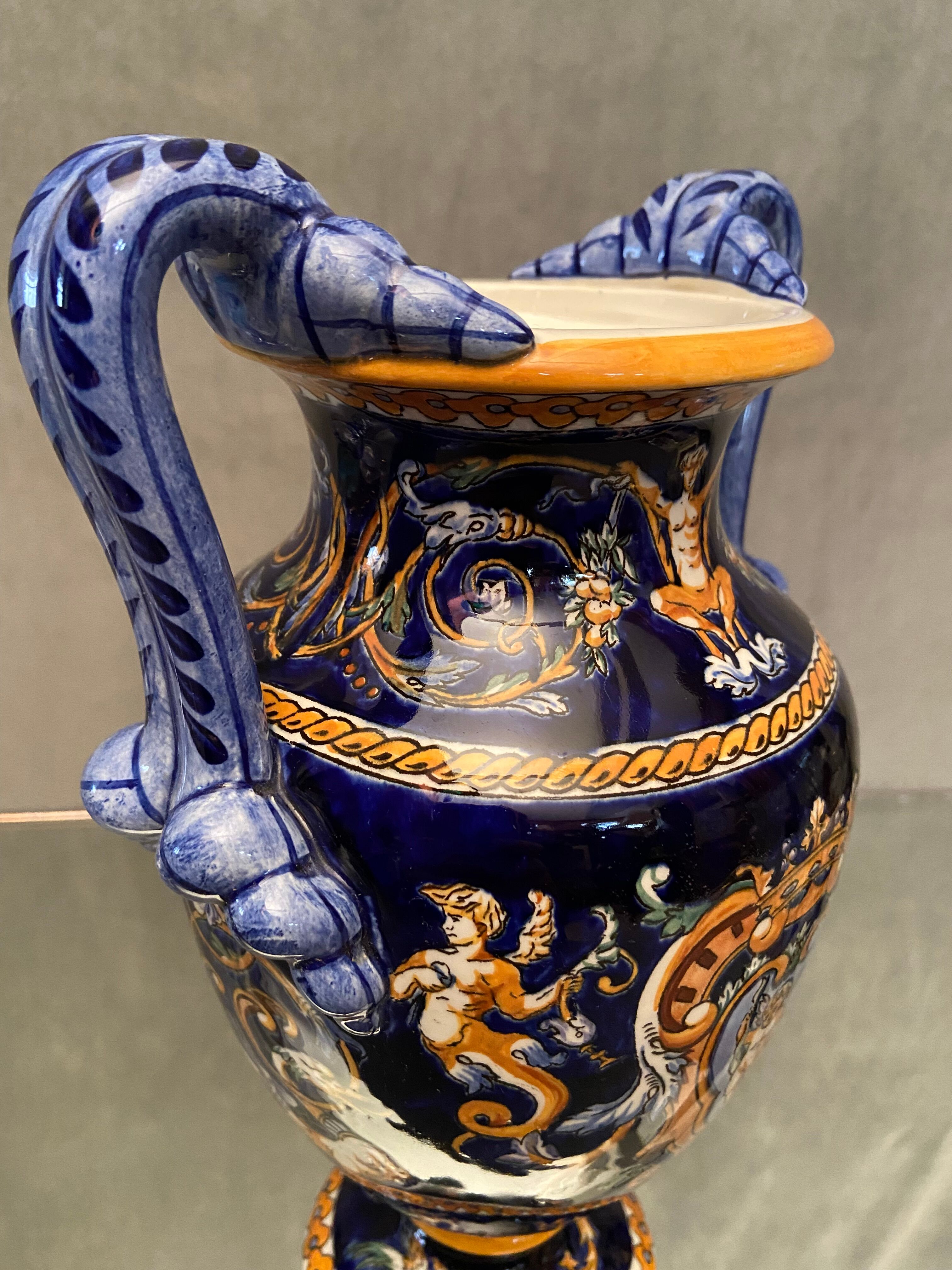 Vase on pedestal with handles in earthenware Gien Italian Renaissance decoration