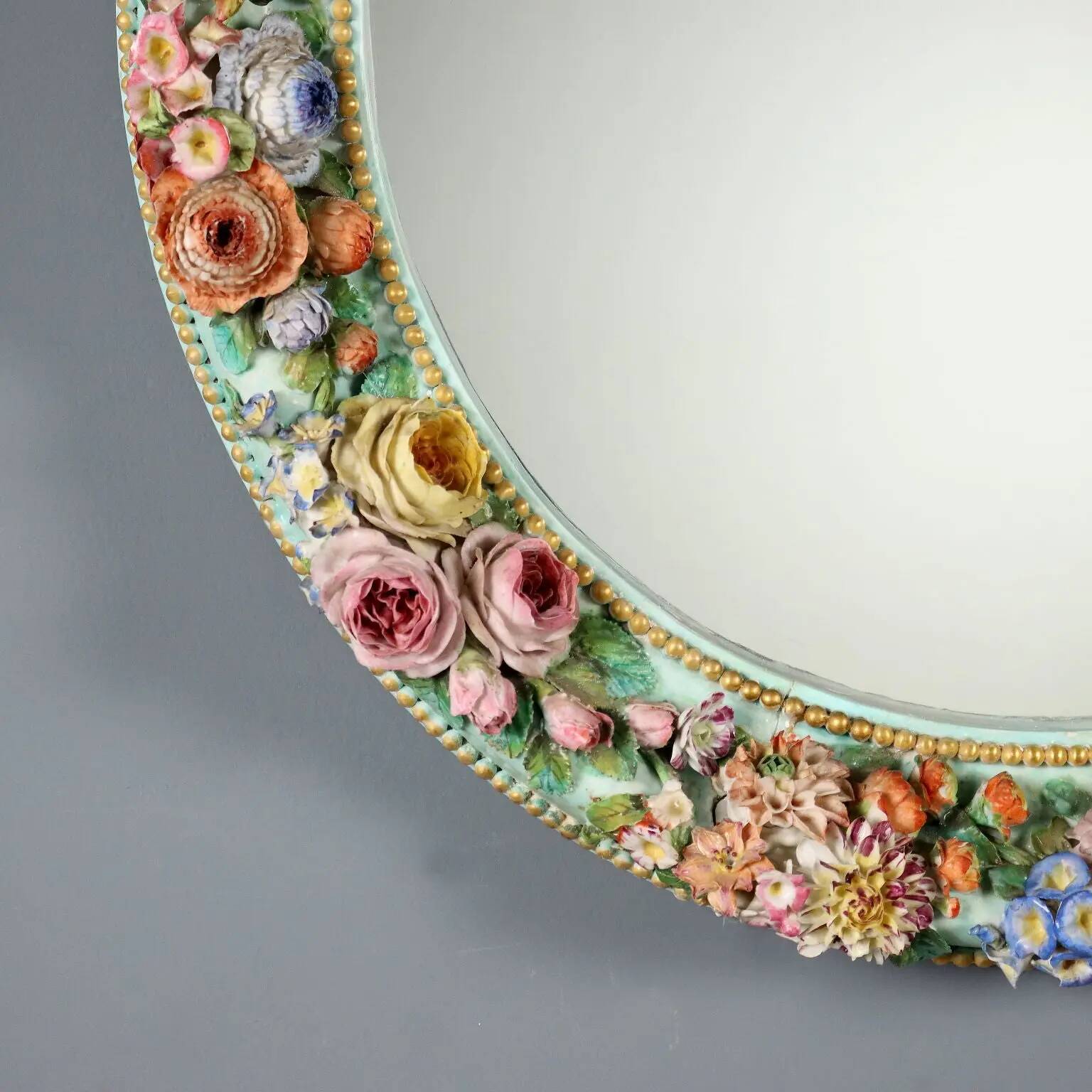 Antique ceramic mirror with floral decoration, 19th century