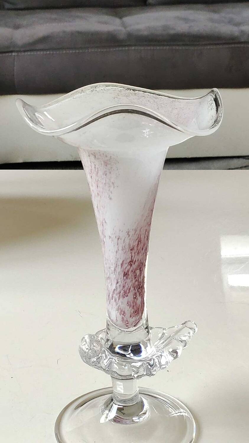 Peter Kaspar Soliflore Vase/Floral design, collared neck. Blown art glass, speckled purple. Shell inclusion. Dim 26.5 x 13 cm