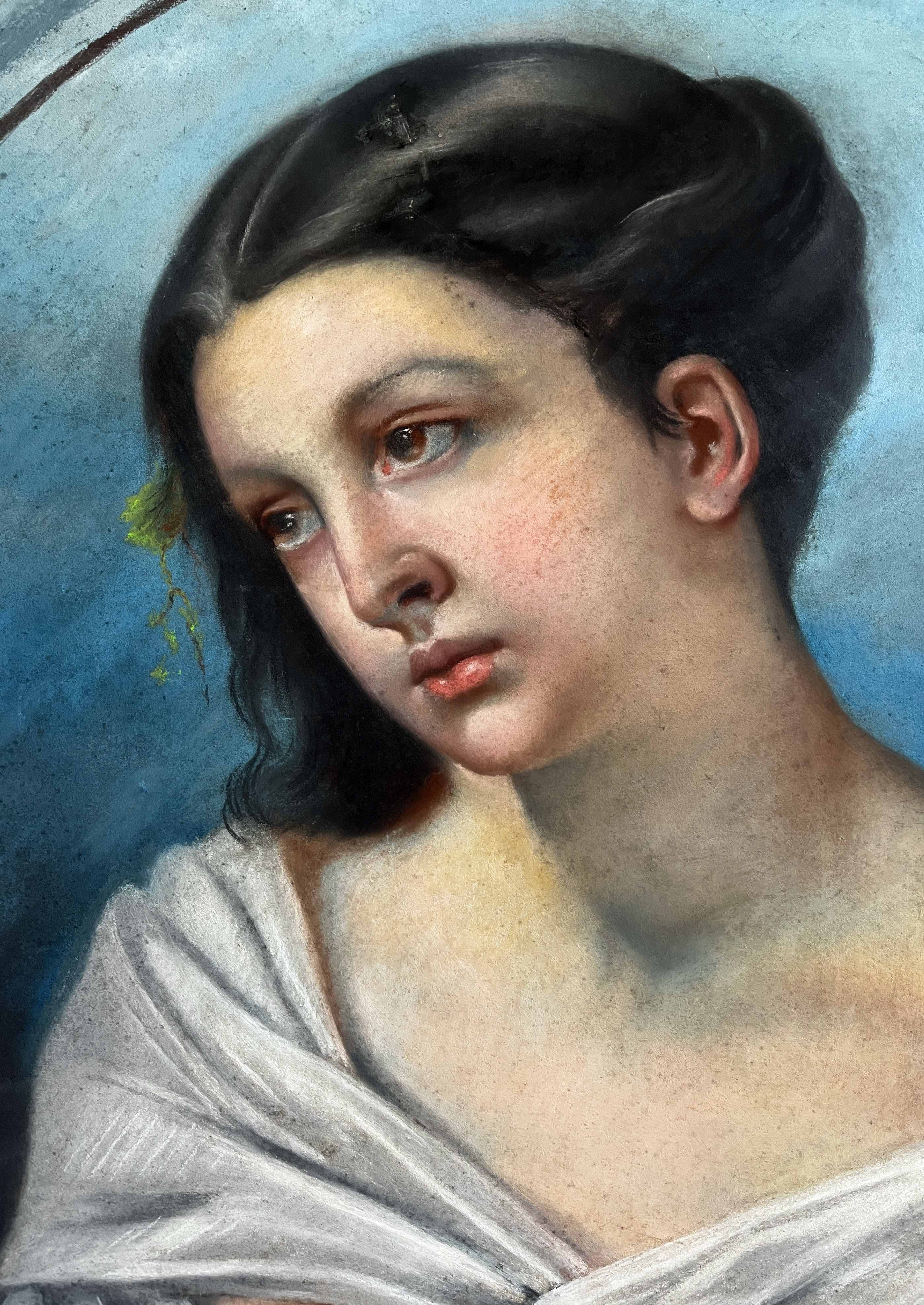 Tableau Pastel 1857 "Jeune fille aux fruits" par Mme Ganthenet