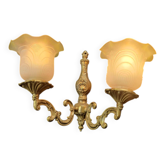 Large vintage bronze double tulip wall light