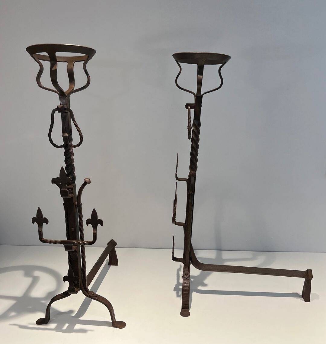 Important Pair of Gothic Wrought Iron Andirons with Fleur-de-Lis