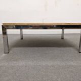 Coffee table, end table in chromed metal and wood, 70s-80s