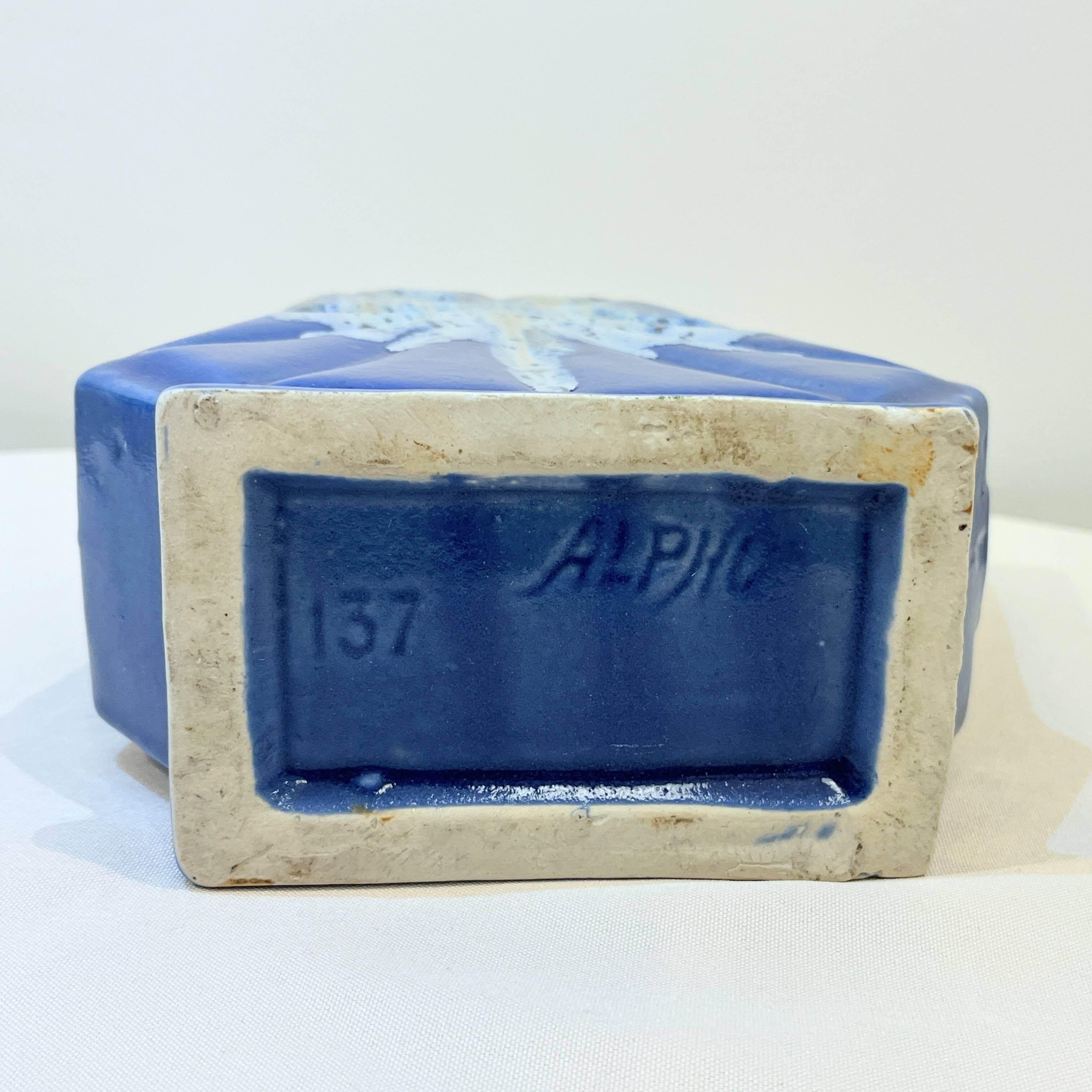 Large alpho fat lava art deco pitcher with blue ceramic handles 1930